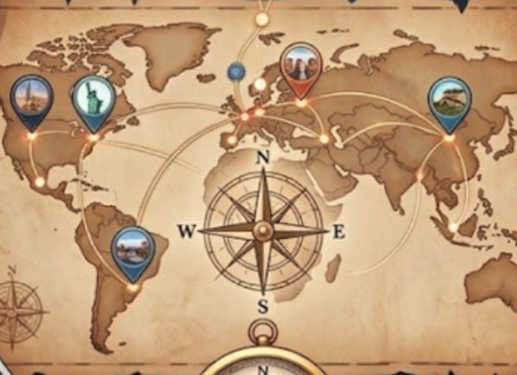 Vintage world map with compass rose