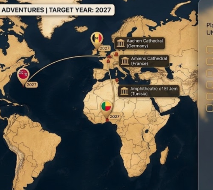 World map with travel routes and destination pins