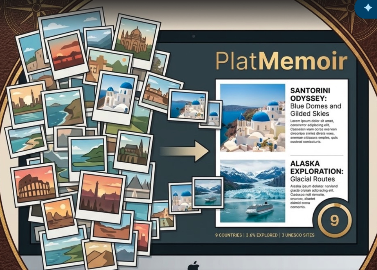 Collage of travel photos and a memoir page